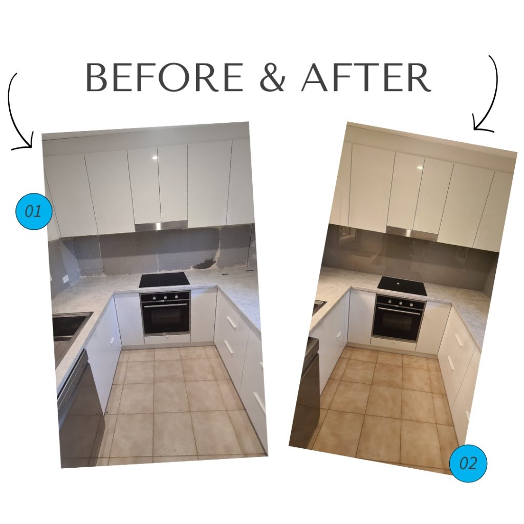 Before and after comparison of a kitchen renovation featuring a new glass splashback installation. The left image shows the kitchen before with unfinished walls, while the right image showcases the completed look with a sleek, reflective glass splashback enhancing the kitchen's modern design.