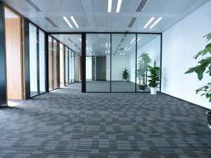 Modern office space with glass partitions, showcasing open layout and natural light.