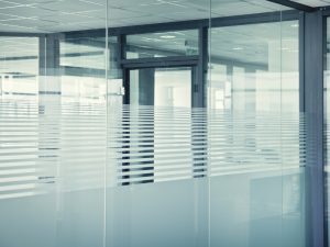 Glass partitions with frosted stripes optimising office space by balancing privacy and transparency in a modern office design.