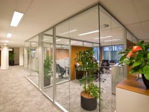 Office division walls enclosing modern workstations with indoor plants and soft lighting in a contemporary office layout