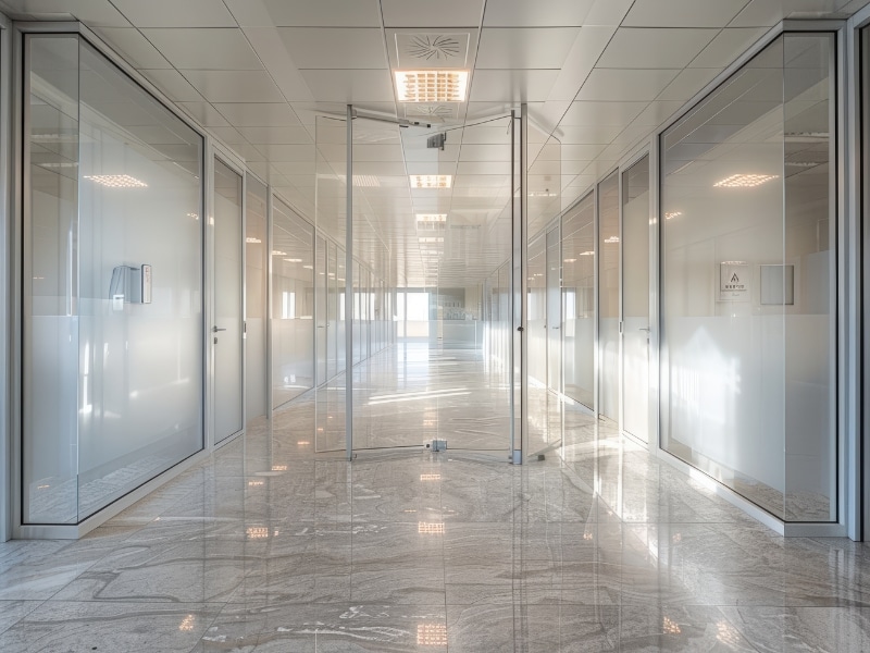 glass partition thickness in office corridor with reflective glass walls and doors.