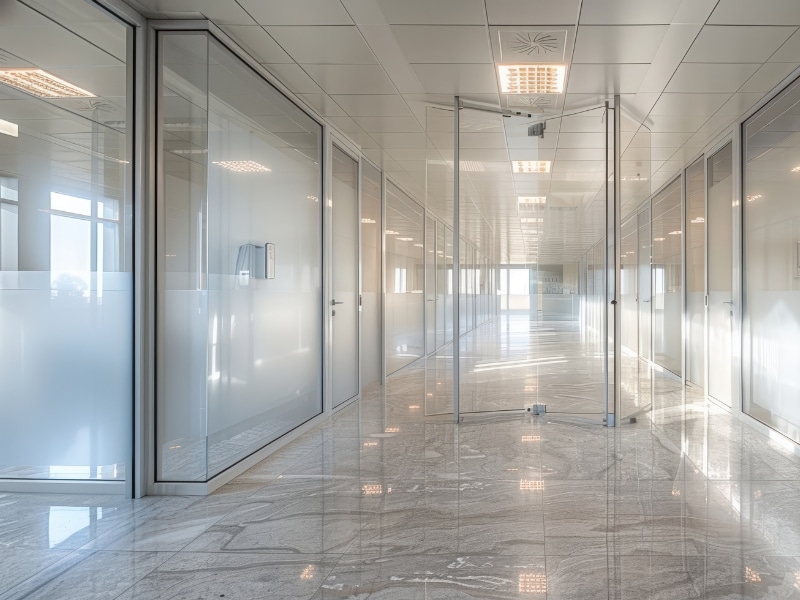 Modern office with Frameless Glass Office Partitions and clear glass doors creating an open, bright workspace.