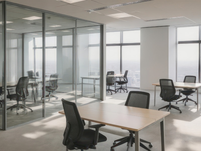 Modern open-plan office featuring clear floor-to-ceiling glass walls and aluminium frames, illustrating refined glass partition details.