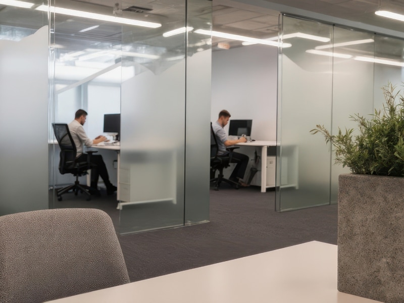 Professionals working in private offices divided by frosted panels, highlighting modern glass partition details and acoustic privacy design.