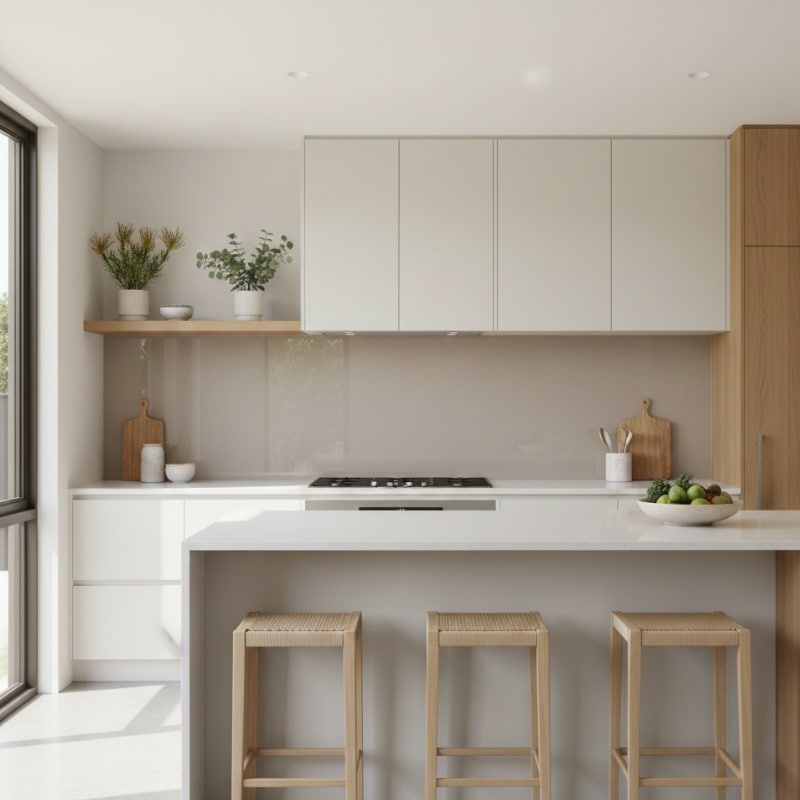 Glass splashback in a modern Australian kitchen compared to tiled splashback durability