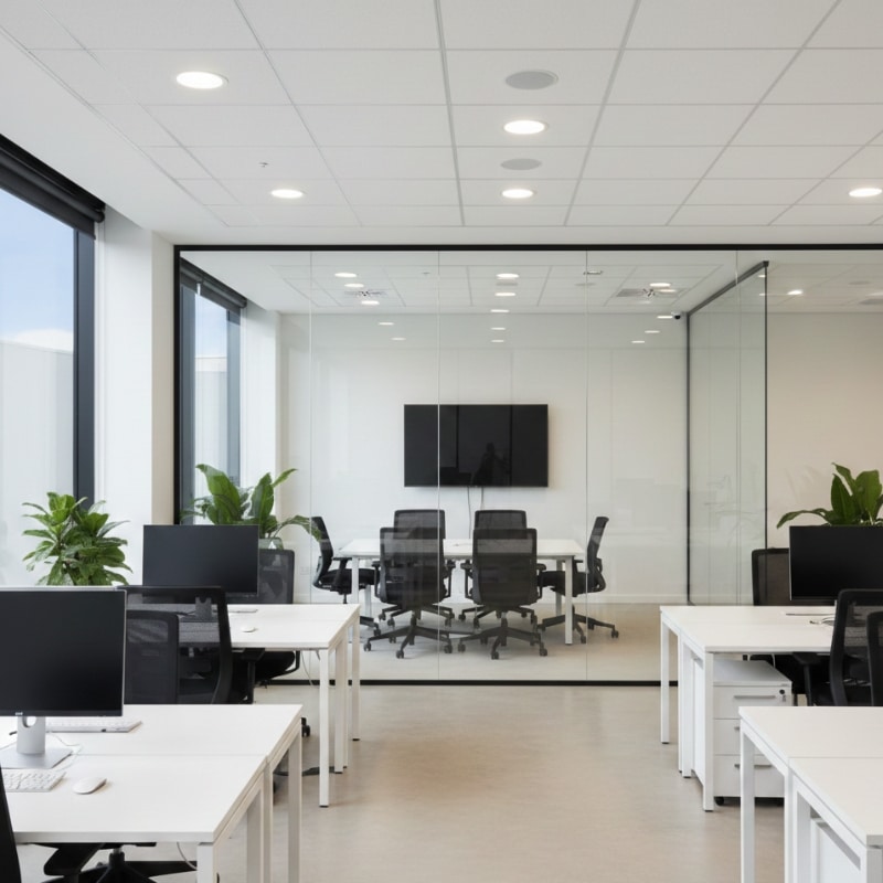 Office glass partitions in a small Melbourne workspace with natural light and meeting rooms