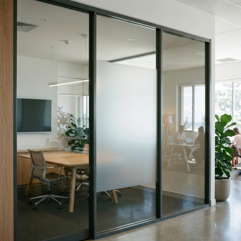 Frosted, clear and tinted interior glass panels in a modern office showing different privacy and light levels.