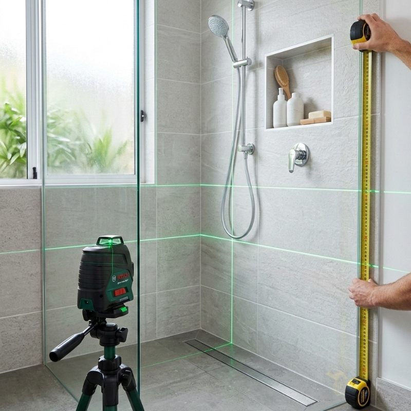Measuring a tiled shower recess in millimetres with a tape measure and level before shower screen installation.