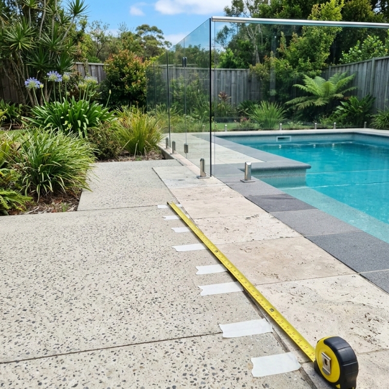 Homeowner measuring a pool fence line and marking a gate position before installation on a Central Coast NSW backyard.