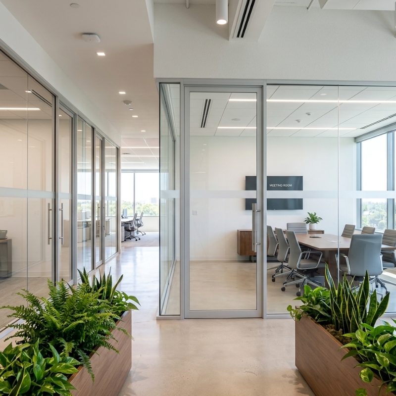 Modern office with clear glass walls featuring frosted visibility bands to improve workplace safety and prevent walk-into-glass incidents.