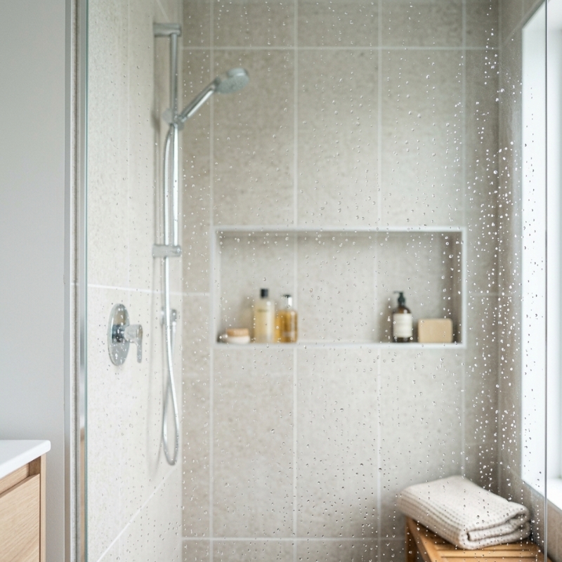 Close-up of shower glass with hard water spots and mineral build-up being wiped with a microfibre cloth