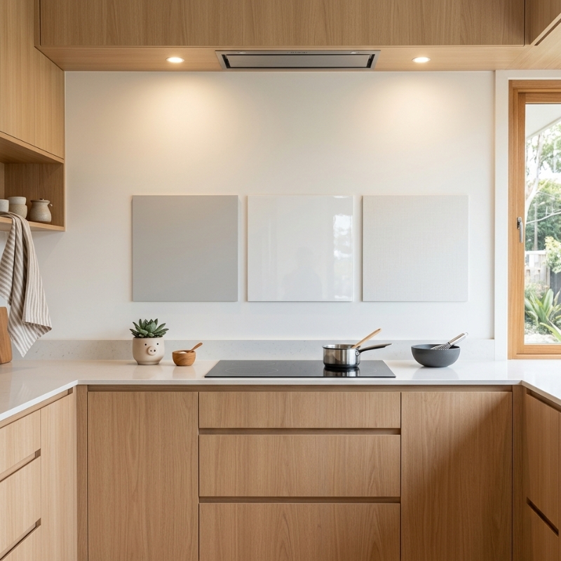 Matte vs gloss vs textured kitchen back wall finishes shown side by side in a modern Australian kitchen under downlights
